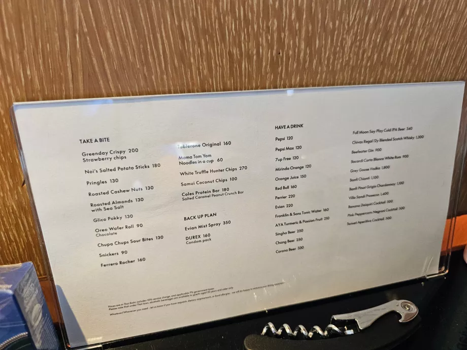 Daftar harga untuk minibar