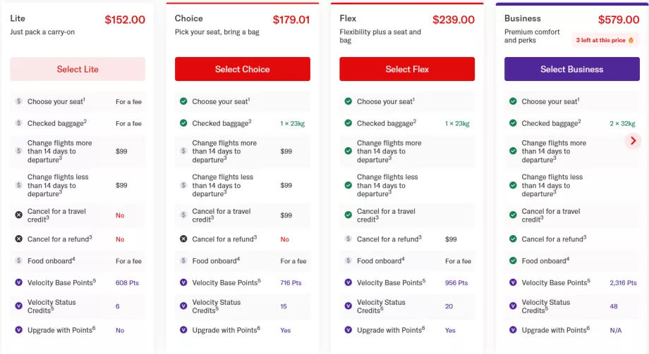Tarif Virgin Australia