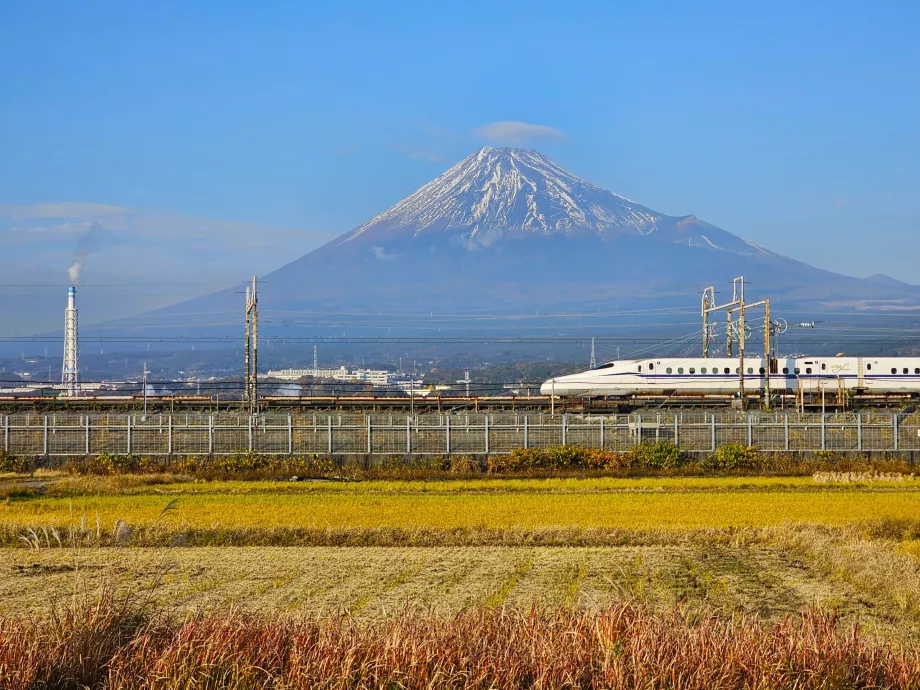 Shinkansen dengan latar belakang Gunung Fuji