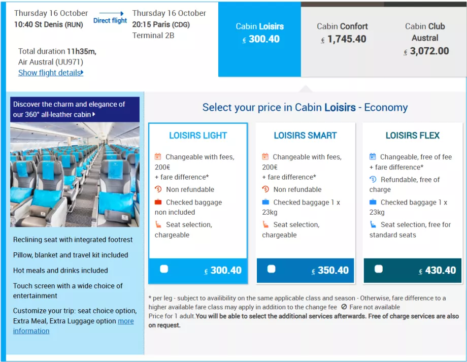 Kelas harga tiket Air Austral