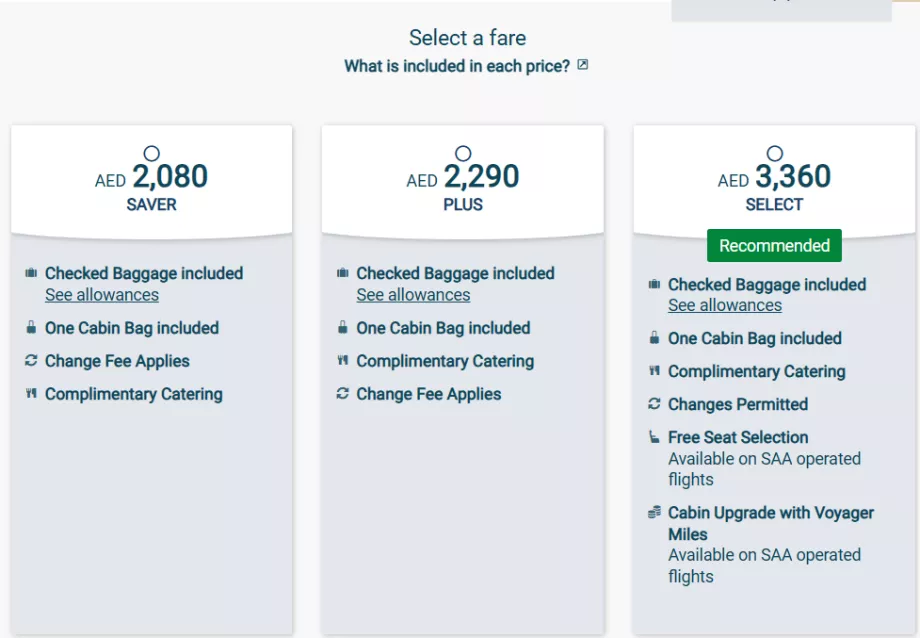 Kelas tiket South African Airways