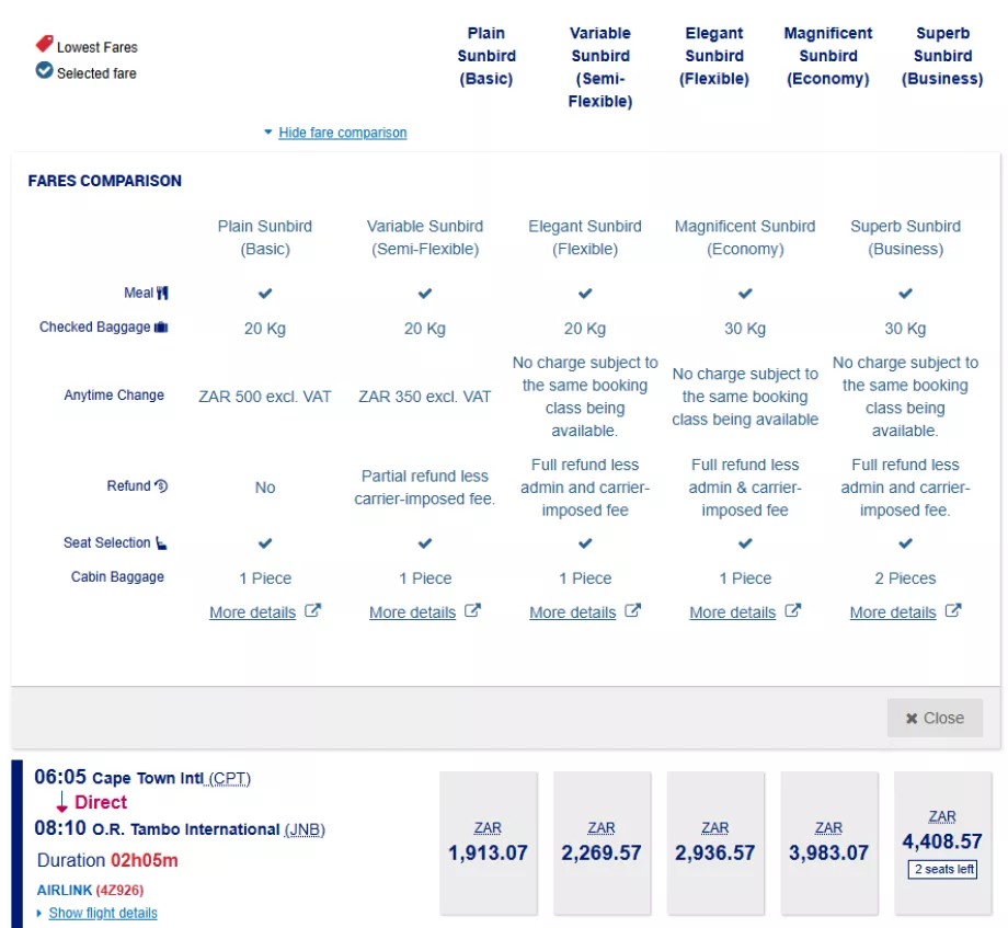 Kelas-kelas tarif Airlink