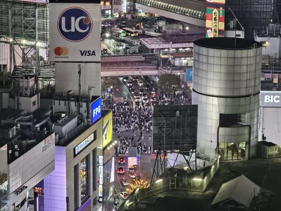 Pemandangan persimpangan Shibuya di malam hari - dengan zoom