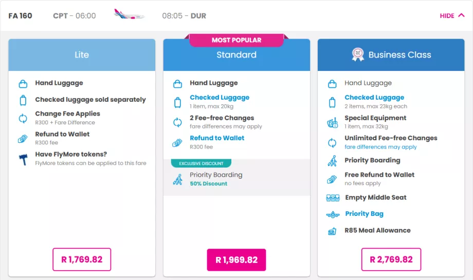 Kelas-kelas tarif FlySafair