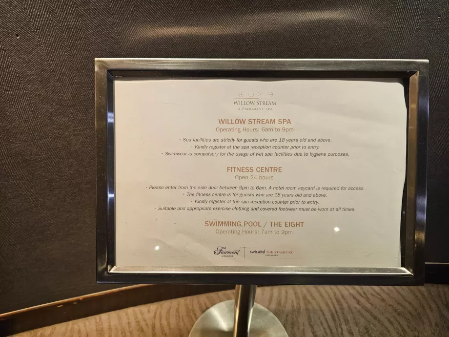 Jam buka kolam renang, pusat kebugaran dan spa