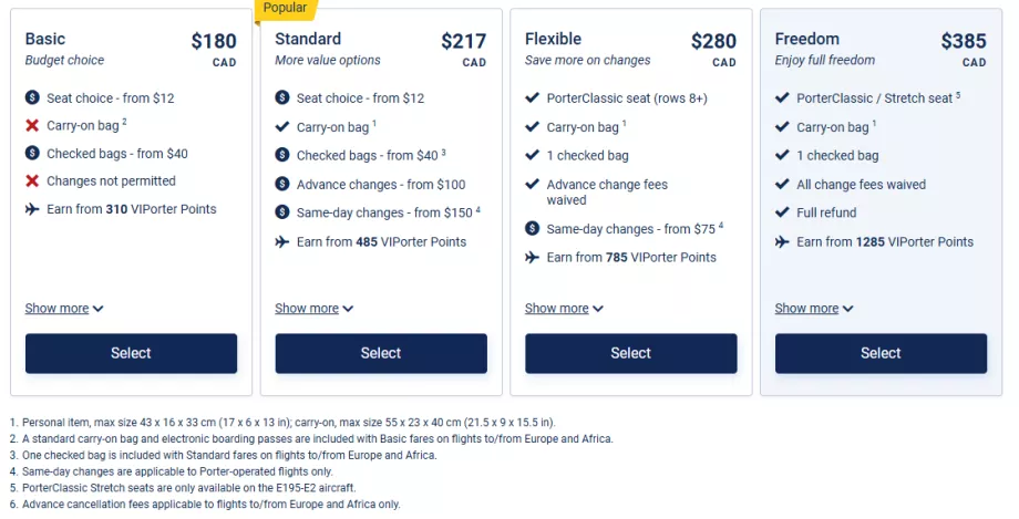 Porter Airlines - kelas tarif