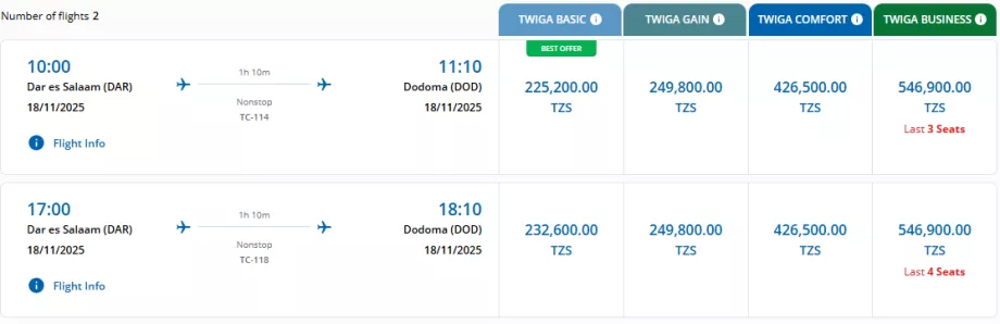 Kelas tiket Air Tanzania