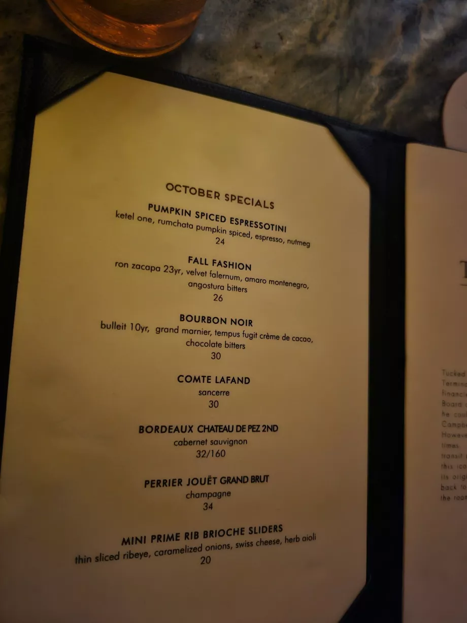Campbell Bar, menu koktail