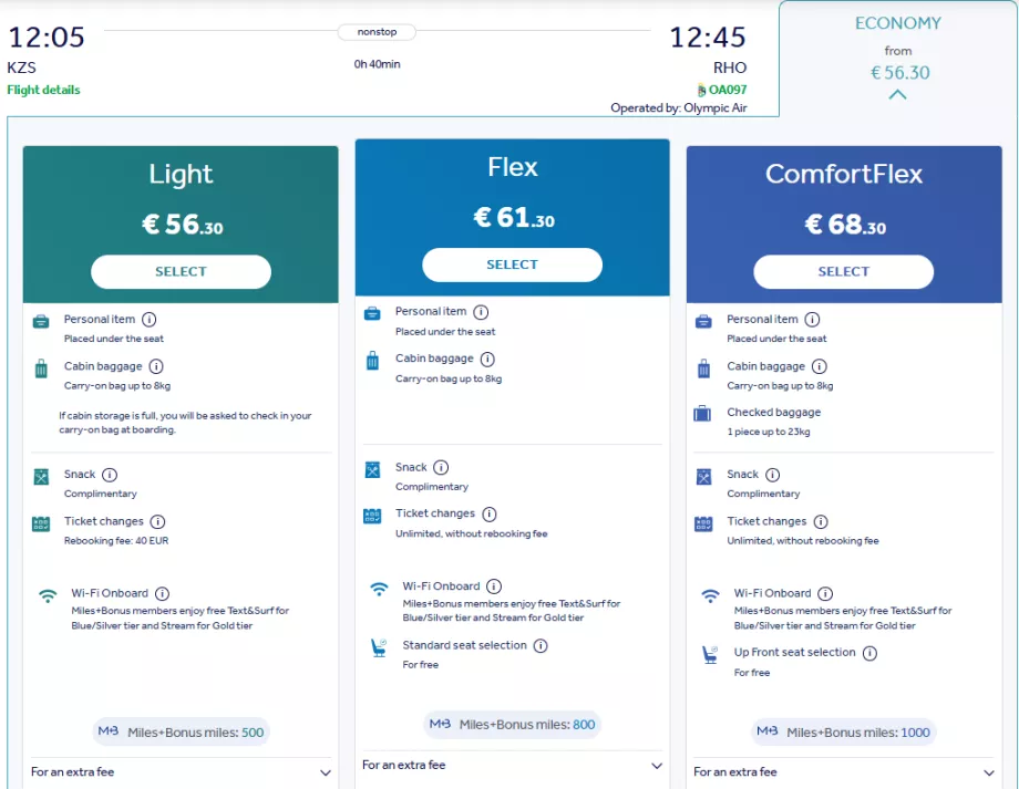 Kelas harga tiket Olympic Air
