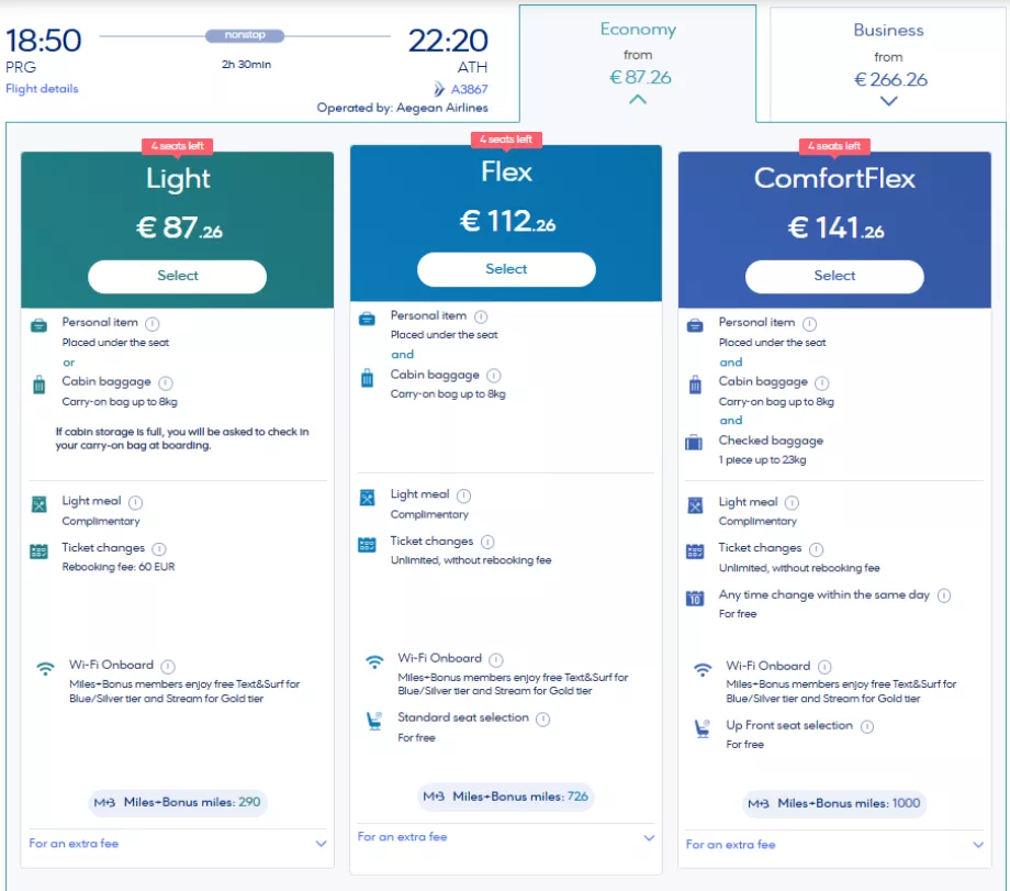 Kelas tiket Aegean Airlines