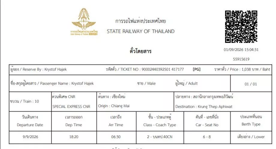 Tiket kereta api di Thailand